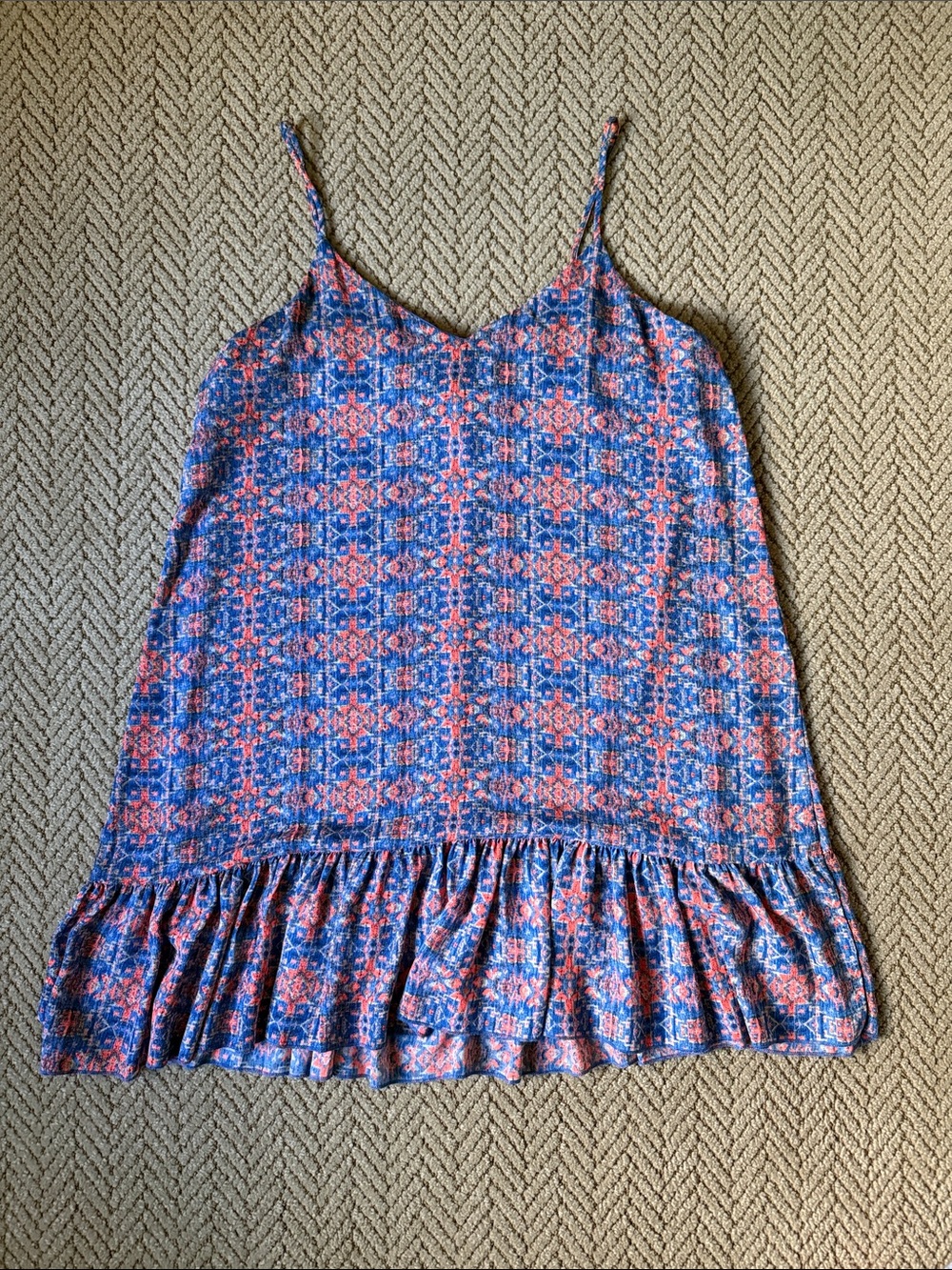 Whyte Eyelash Drop Seam Blue and Coral Dress with Spaghetti Straps